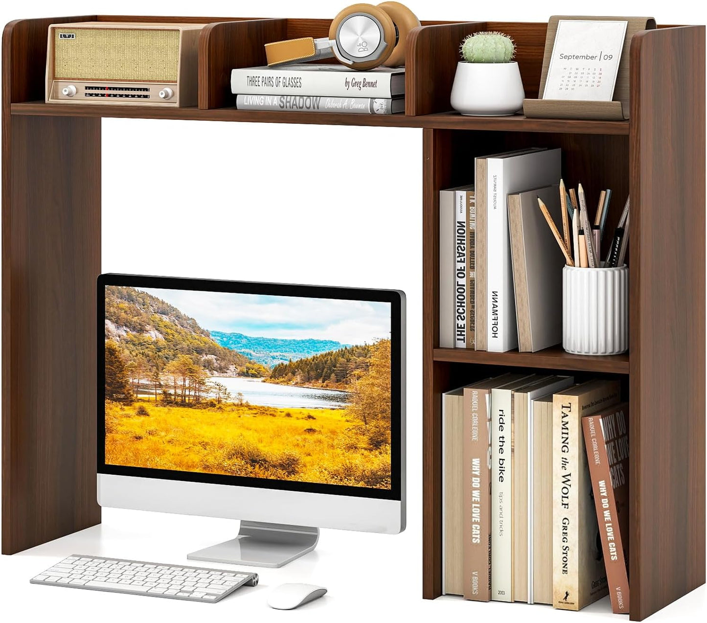 Tangkula Desktop Bookshelf, Countertop Storage Hutch with 5 Shelves for Computer Desk, Desk 3-Tier Display Rack, Multipurpose Wood Desktop Hutch Storage Organizer for Dorm Office Home