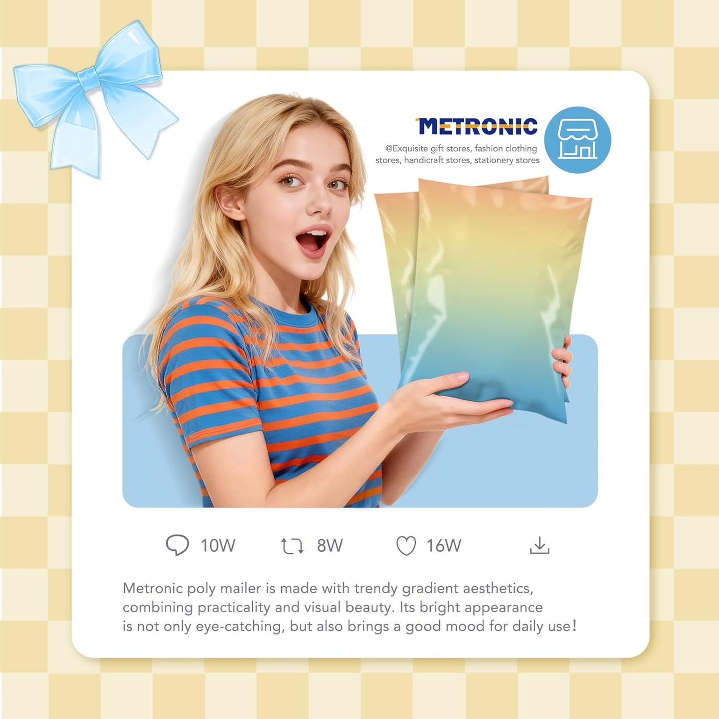 Metronic Cute Poly Mailers 10x13" 50pc Small Shipping Bags, Strong Adhesive Mailers Poly Bags for Business, Waterproof Mailing Envelopes for Packing Shipping Clothes Gifts, Gradient BluePink