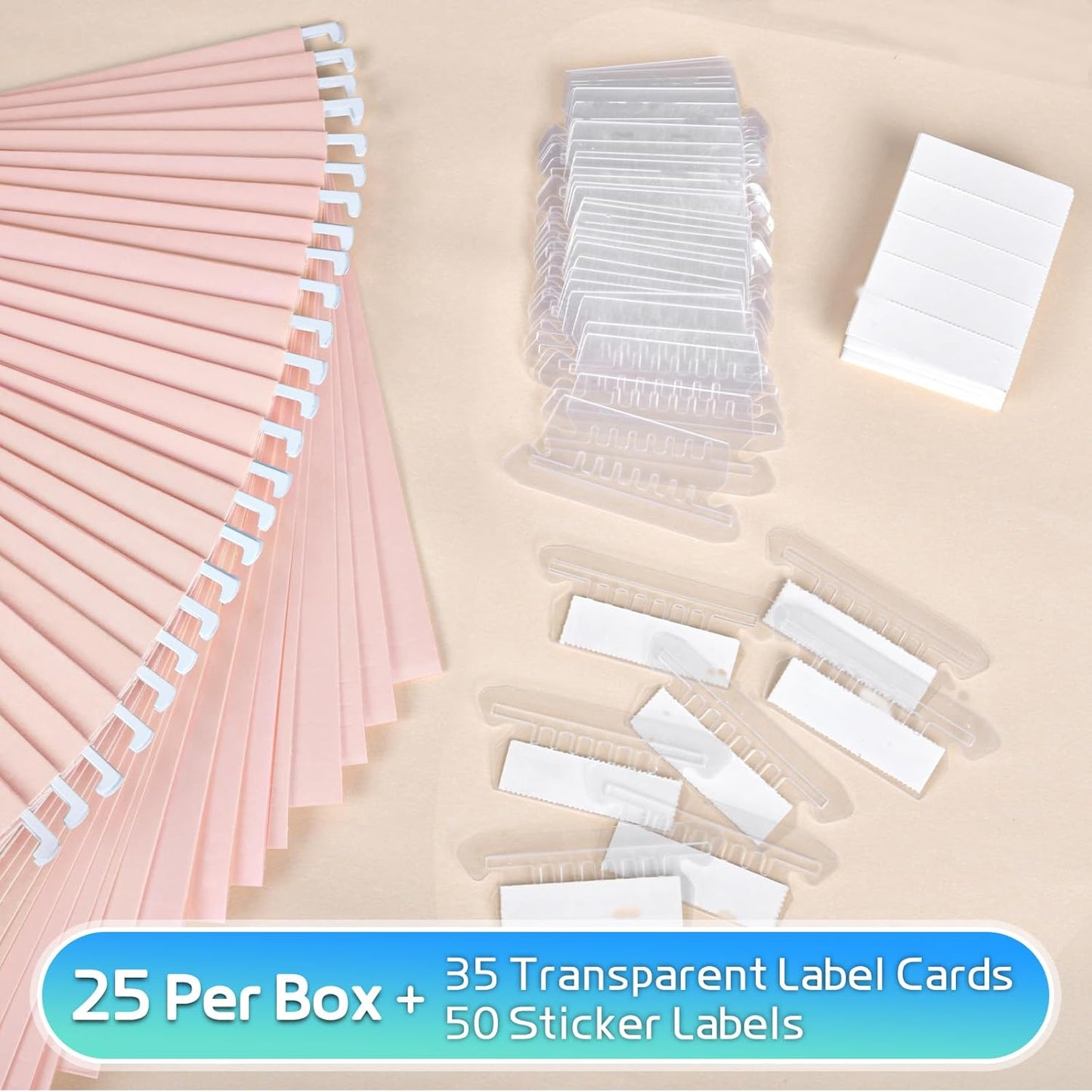 25-Pack Green Hanging File Folders, Letter Size (8.5" x 11") with 1/5-Cut Tabs,Includes 35 Transparent Label Cards & 50 Sticker Labels for Home & Office Organization