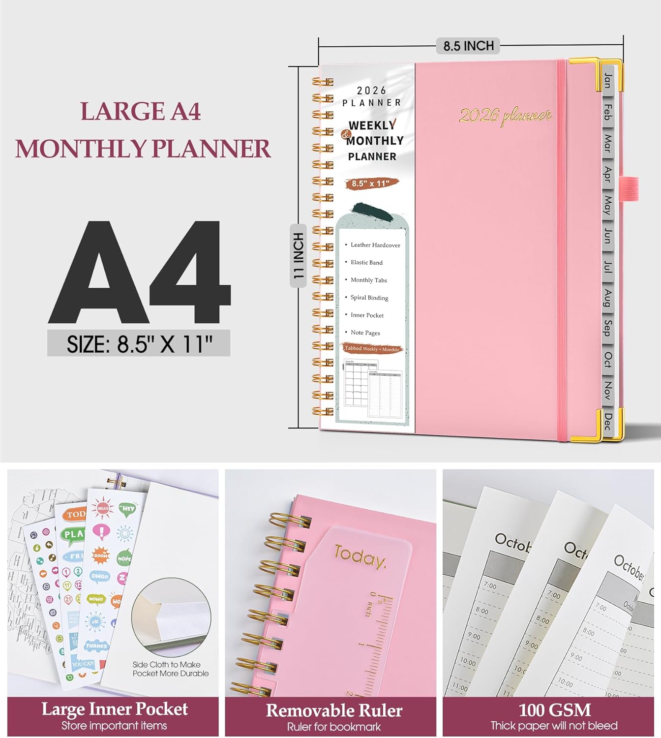 2026 Planner, Weekly and Monthly Calendar Planner from January 2026 - December 2026, 8.5" x 11" Hardcover Leather Hourly Appointment Book with Tabs, Spiral Daily Planners for School Work Home, Green