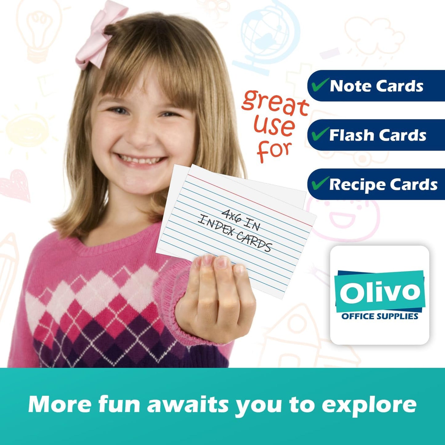 Index Cards 4x6 Lined Ruled Flash Note Cards 4" x 6", White, 100 Count, 220 GSM Heavy Weight