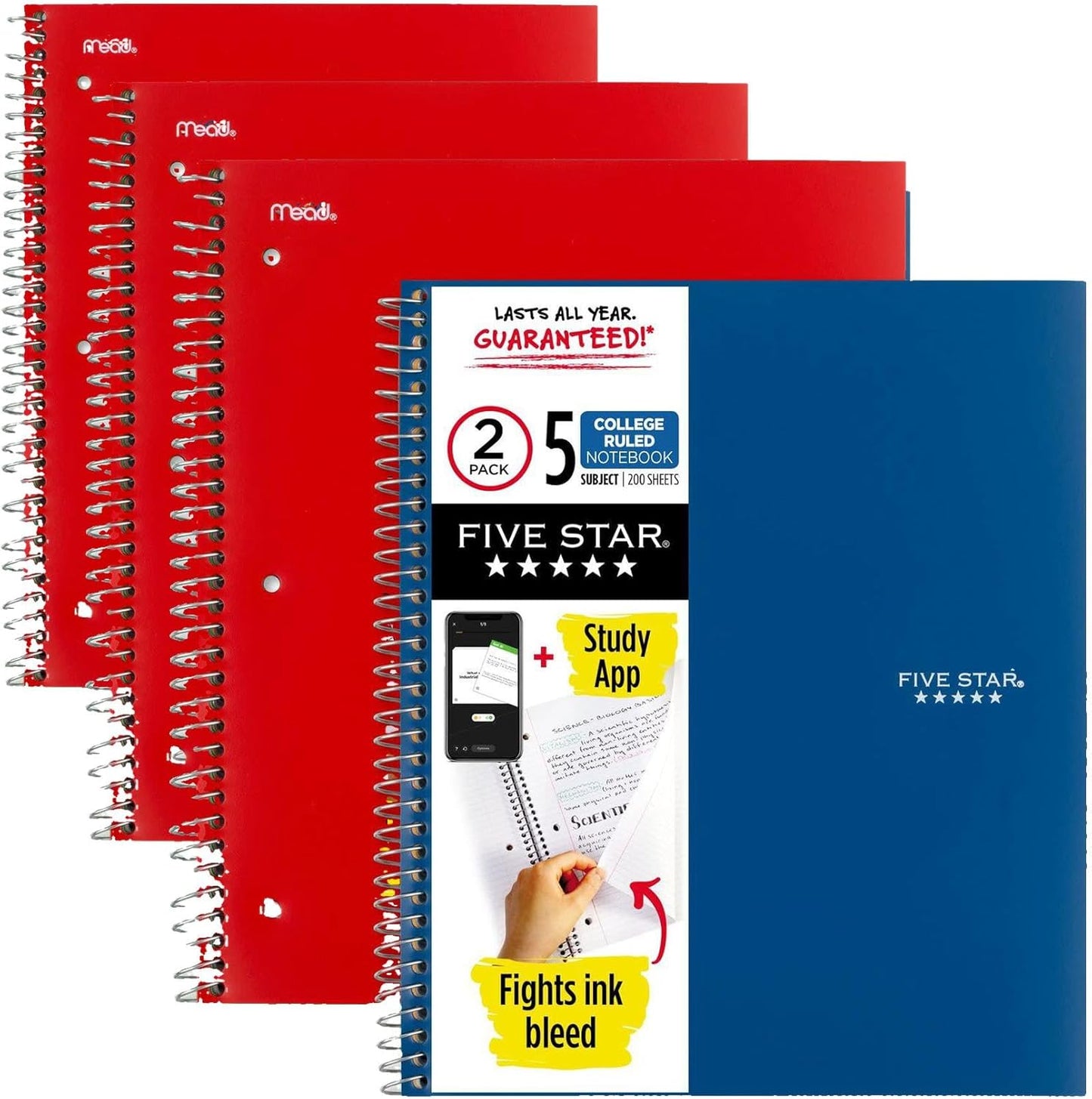 Five Star Spiral Notebook + Study App, 5 Subject, College Ruled Paper, 11" x 8-1/2", 200 Sheets, Black & Forest Green, 2 Pack (820190)
