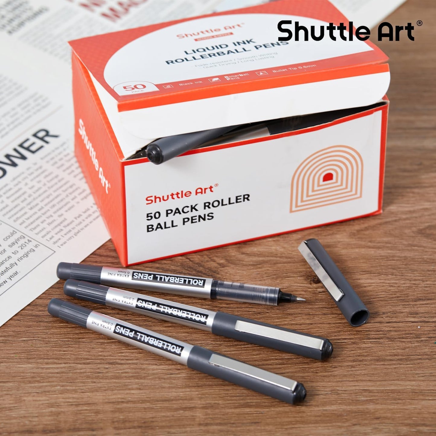 Shuttle Art RollerBall Pens, 50 Pack Black Fine Point Roller Ball Pens, 0.5mm Liquid Ink Pens for Writing Journaling Taking Notes School Office
