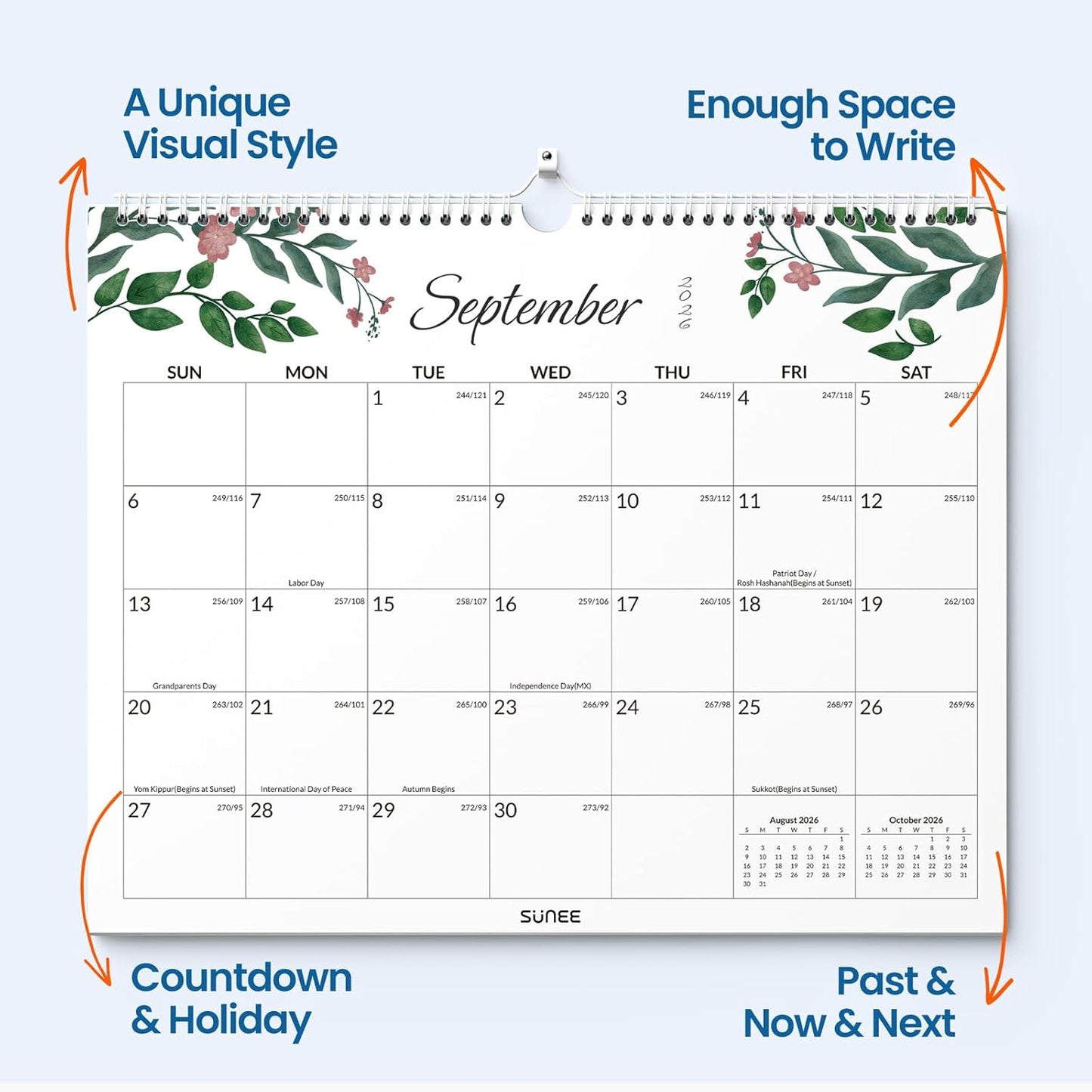 SUNEE Wall Calendar 2026 21 Months Apr. 2026 - Dec. 2027, 14.5"x11.5" Big Grid Hanging Calendar with Note for Organizing & Planning, Monthly Calendar 2026-2027 with Last Month and Next Month, White