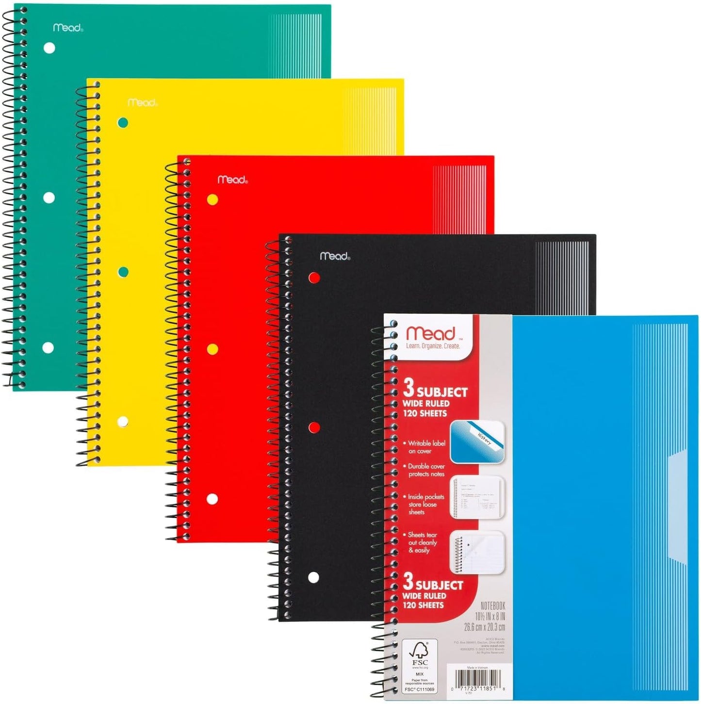 Mead Spiral Notebooks, 1 Subject, Wide Ruled Paper, 8" x 10-1/2", 100 Sheets, Assorted Colors, 5 Pack (930093)