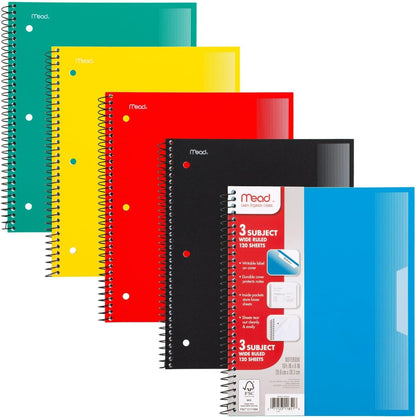 Mead Spiral Notebooks, 1 Subject, Wide Ruled Paper, 8" x 10-1/2", 100 Sheets, Assorted Colors, 5 Pack (930093)