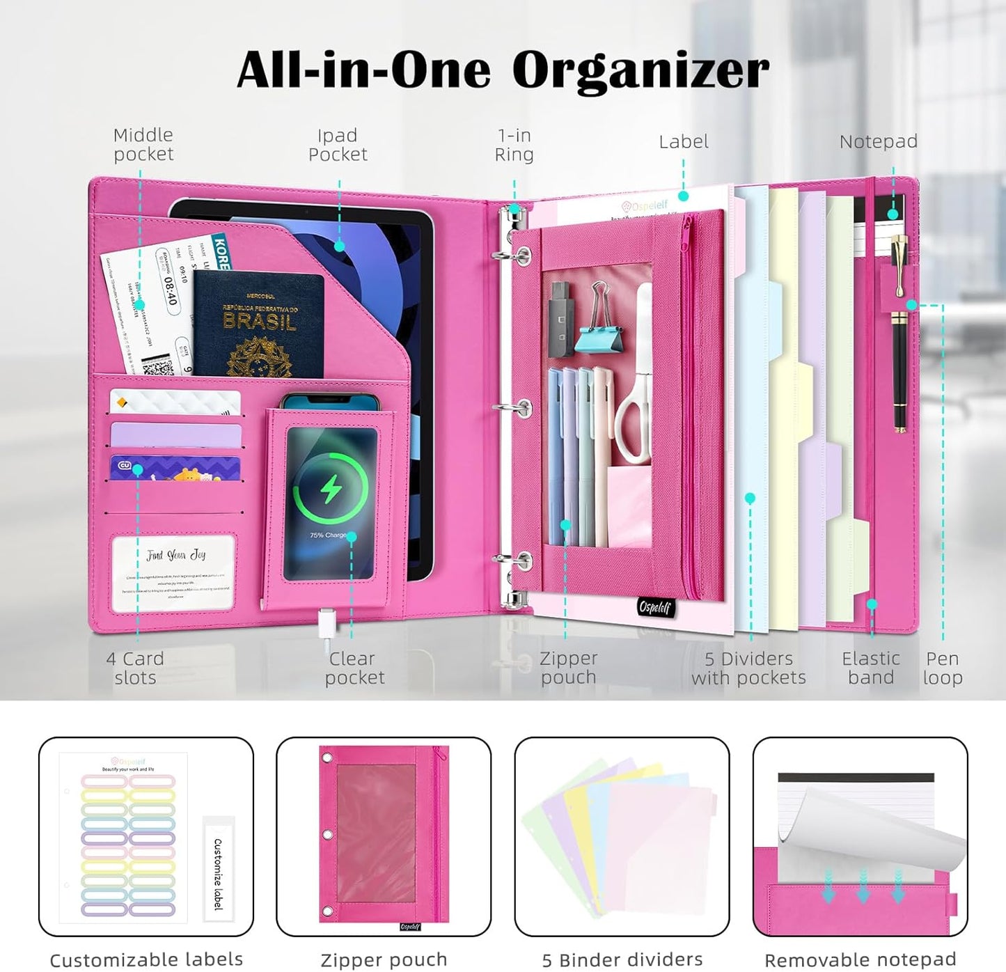 Ospelelf Glitter Leather Clipboard Binder 1 Inch, Magnetic Clipboard Folio Organizer with 5 Pocket Dividers & Zipper Pouch, Cute 3 Ring Document Organizer Binder for Office, Glitter Pink