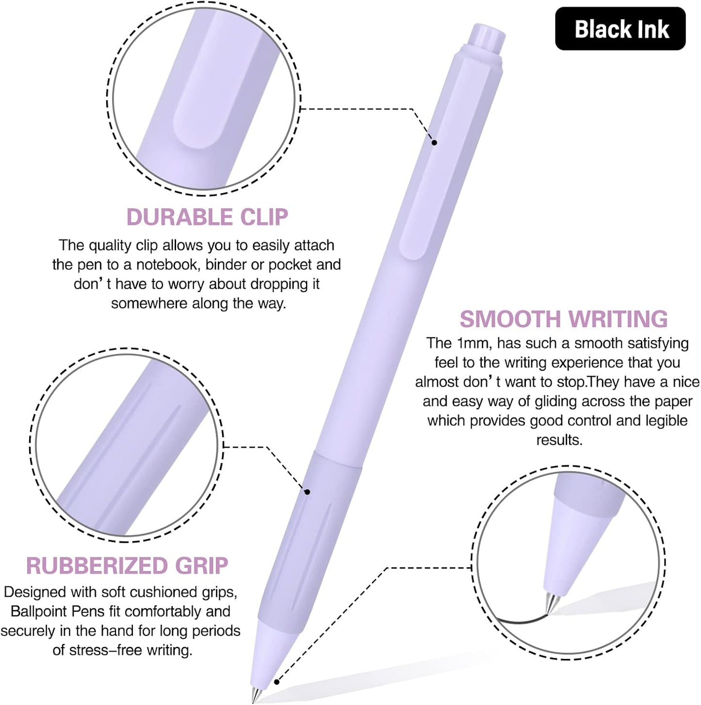 Drawdart 14-Pack Ballpoint Pens, Medium 1.0mm Black Ink Cute Pen with Super Soft Grip, Retractable - For Smooth Writing, Note Taking and Journaling, Office & School Supplies