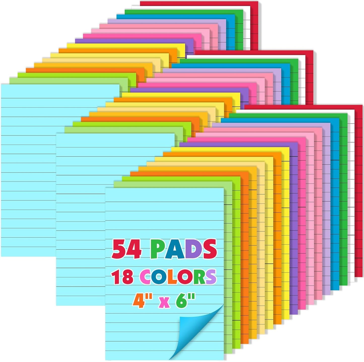 18 Pads Lined Sticky Notes, 18 Colors 4in x 6in Self Stick Note Pads, Strong Adhesive Sticky Note with Lines, Large Sticky Notes for School, Home, Office, 24 Sheets/Pad