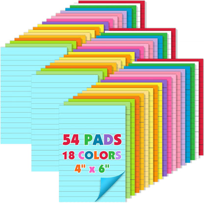 18 Pads Lined Sticky Notes, 18 Colors 4in x 6in Self Stick Note Pads, Strong Adhesive Sticky Note with Lines, Large Sticky Notes for School, Home, Office, 24 Sheets/Pad