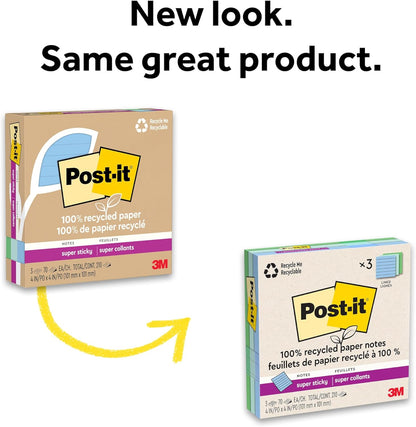 Post-it 100% Recycled Paper Super Sticky Notes, 4 in. x 4 in., 3 Pads, 70 Sheets per Pad, Wanderlust Pastels, School Supplies and Office Products
