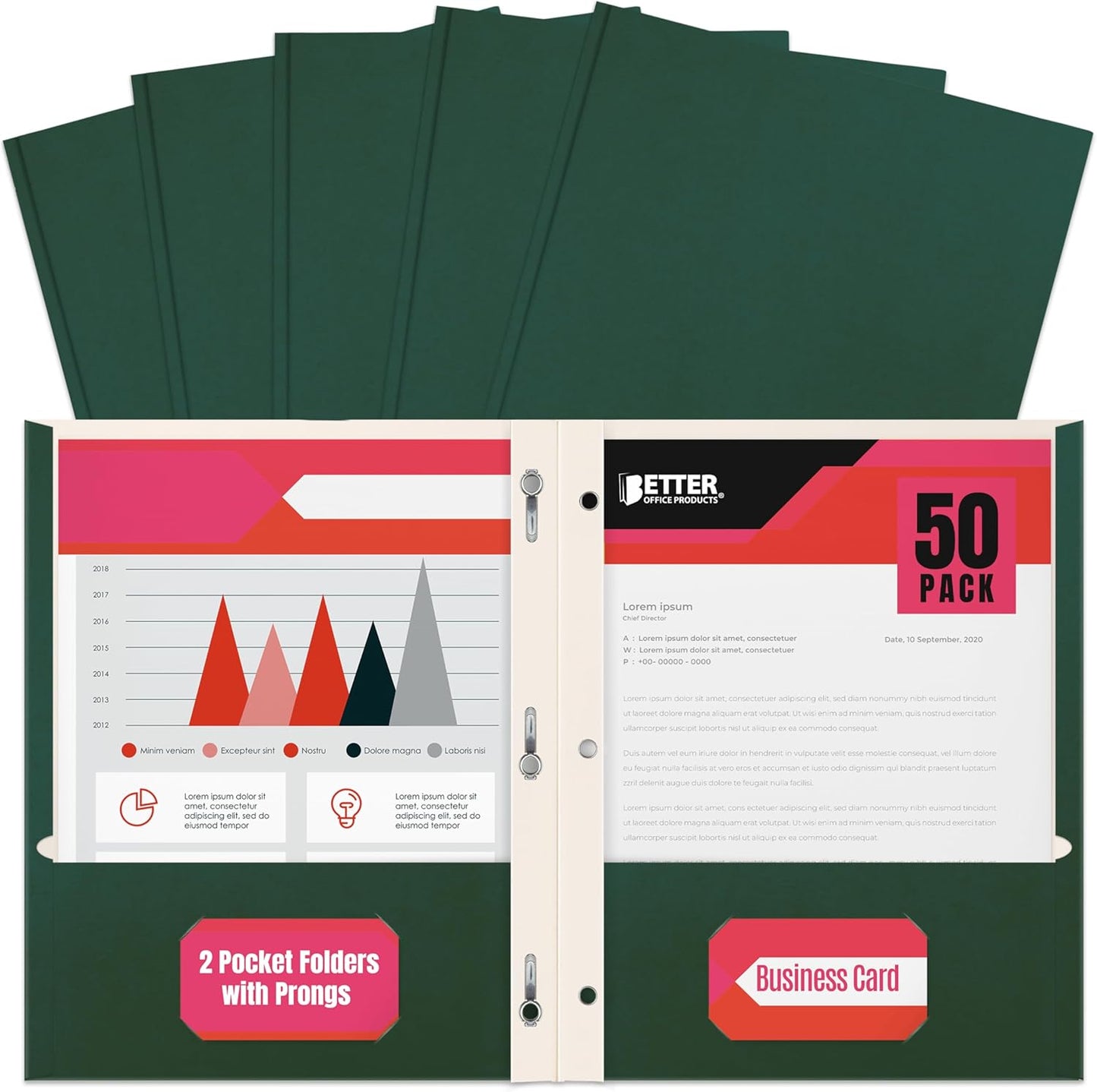 Better Office Products Blue Paper 2 Pocket Folders with Prongs, 50 Pack, Matte Texture, Letter Size Paper Folders, 50 Pack, with 3 Metal Prong Fastener Clips, Blue