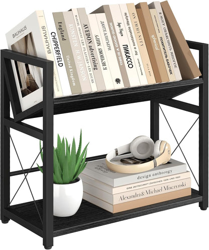 ELITEROO Desktop Bookshelf, 2 Tier Desk Shelf Organizer, Wooden Tabletop Bookcase, Small Desk Top Book Rack for Office, Home, Bedroom, Small Space Storage and Display, Rustic Brown