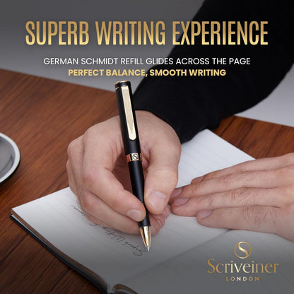 Scriveiner Black Rollerball EDC Luxury Pen, Stunning Pocket Pen with Chrome Finish, Cool Writing, Best Gift for Men & Women, German Schmidt Refill, Nice Present, Fancy Office Designer Set