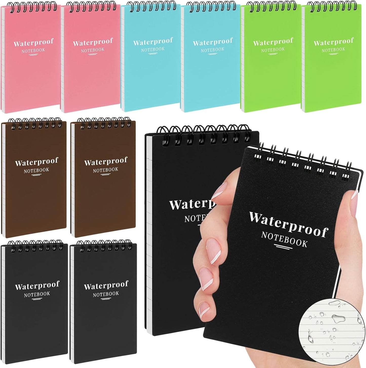 wavamawa 6 Pack Waterproof Notebook, 3x5 Pocket Notepad, Small Top Spiral Stone-Paper Notepad, Mini Pocket Notebook, Little Memo Note Pads for Outdoor, Office, School, Travel (Black)