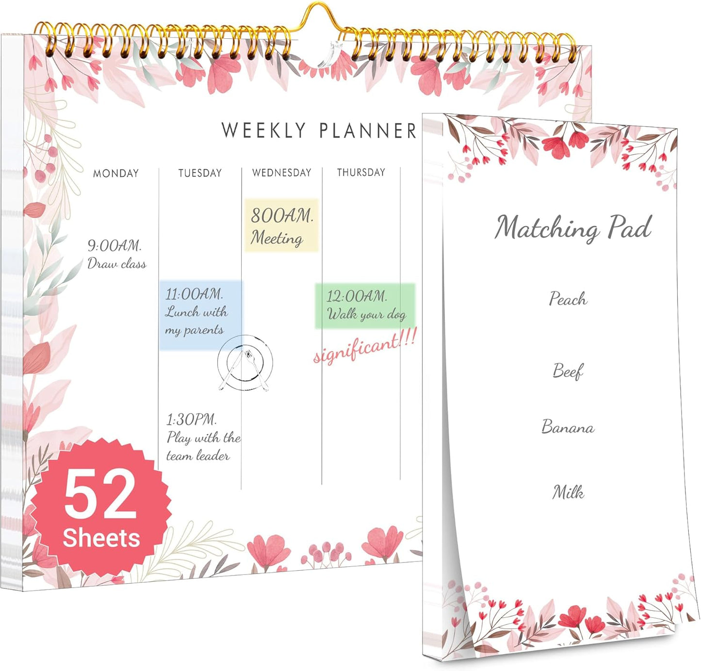 Weekly Planner Notepad Tear Off Set of 2 Weekly Calendar Pad 52 Undated To Do List Notepad Sheets Desk Planner Planning Pads Productivity Tracker for Work Goals Notes Schedule Ideas, Floral Blue