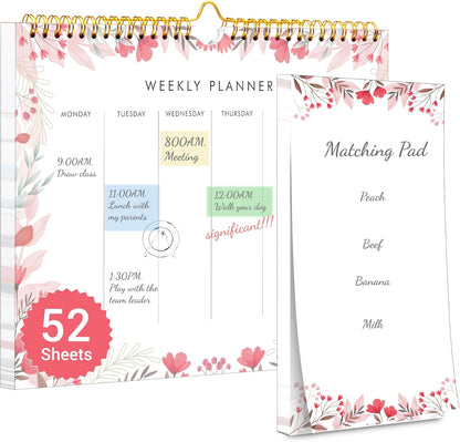 Weekly Planner Notepad Tear Off Set of 2 Weekly Calendar Pad 52 Undated To Do List Notepad Sheets Desk Planner Planning Pads Productivity Tracker for Work Goals Notes Schedule Ideas, Floral Blue
