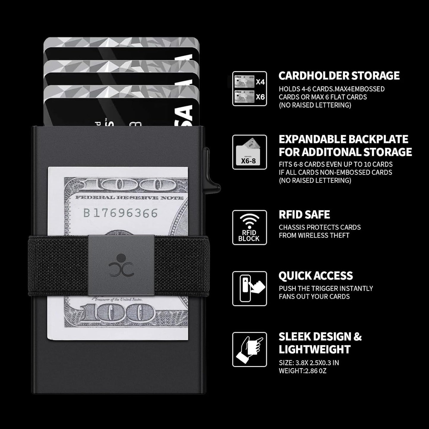 SEMORID Slim Aluminum Card Holder Wallet for Men, Durable Expandable Backplate, RFID Blocking Minimalist Metal Pop Up Wallet, Holds 12+ Cards Plus Cash (Black)