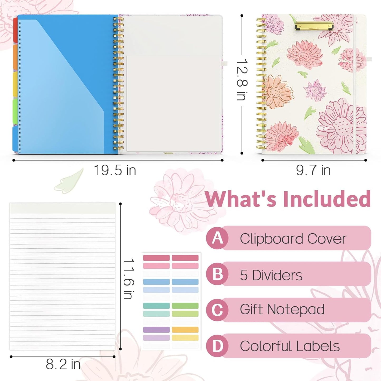 Sooez Clipboard with Refillable Notepad, Clipboard Folder with 10 Storage Pockets for Letter Size, Spiral Clipboard Notebook, Cute Portfolio for School Office Nursing
