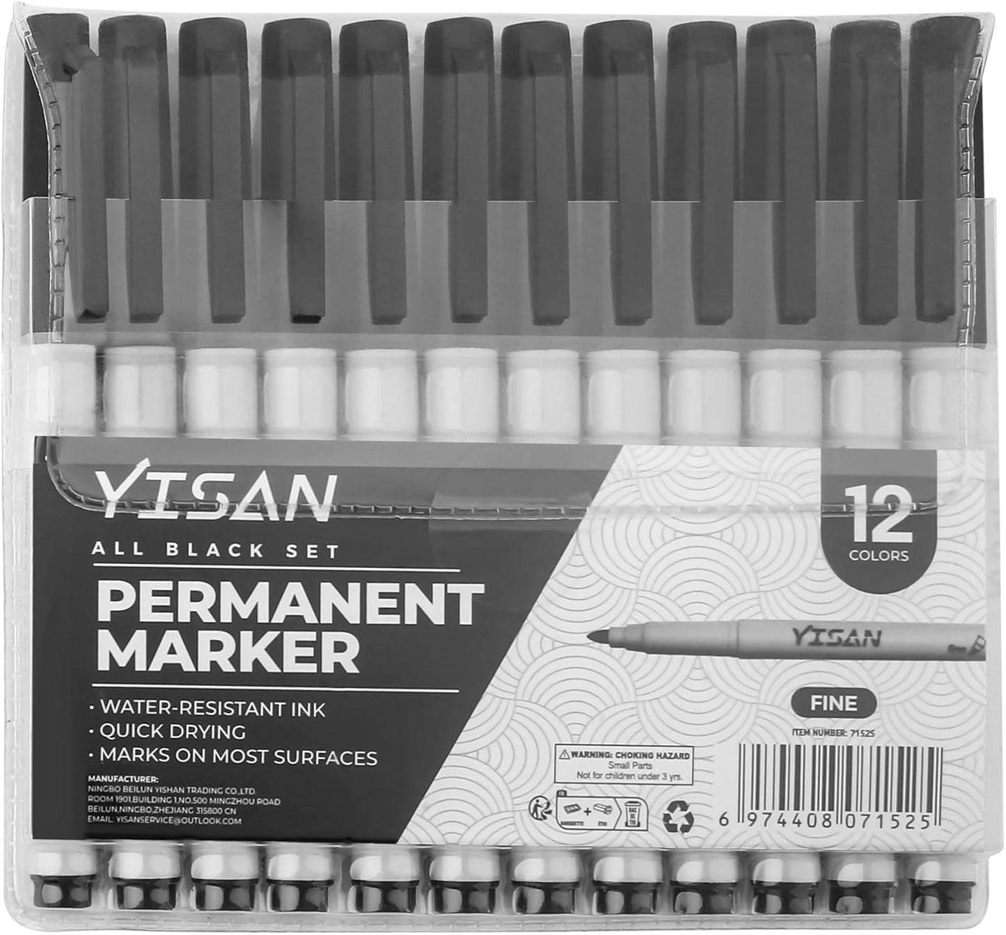 YISAN Permanent Markers,12 Pack Fine Tip Black Permanent Markers,Quick Drying Ink,Works on paper,Plastic,Stone,Glass,Metal,71525
