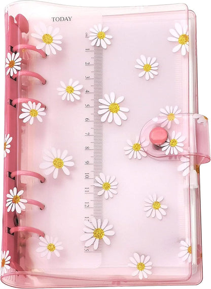 A6 A5 6-Holes Colorful PVC Cover Round Ring View Binder with Snap Button Closure File Folder for Loose Leaf Sheet Protectors Notebook Refill (Pink Daisy, A5 Mini Set) - Colors A