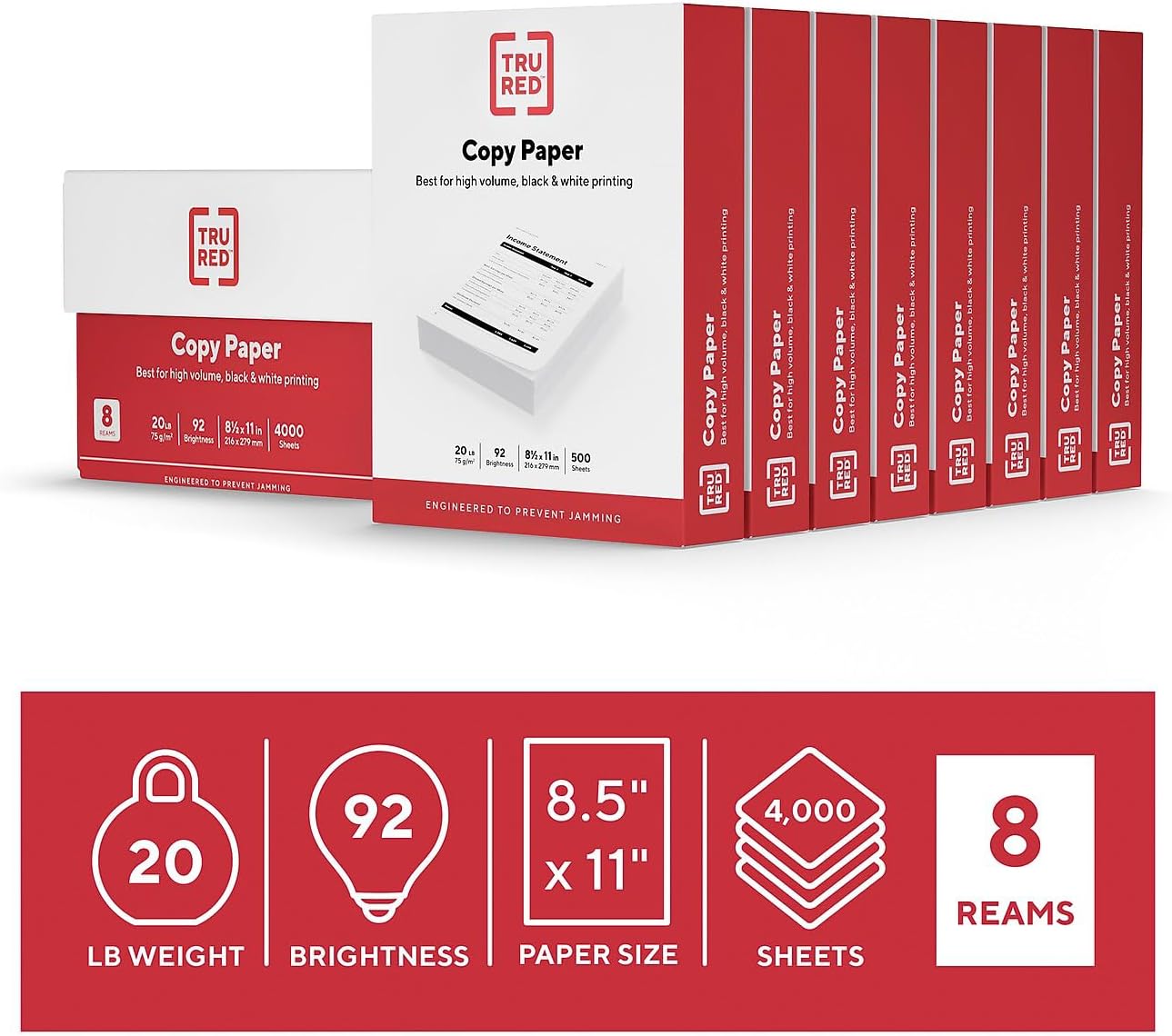 TRU RED 8.5x11 Copy Paper 20 lb. 92-Bright 5000 Sheets/Carton, For Office, School & Home