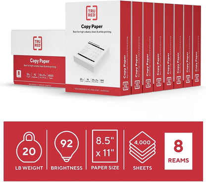 TRU RED 8.5x11 Copy Paper 20 lb. 92-Bright 5000 Sheets/Carton, For Office, School & Home