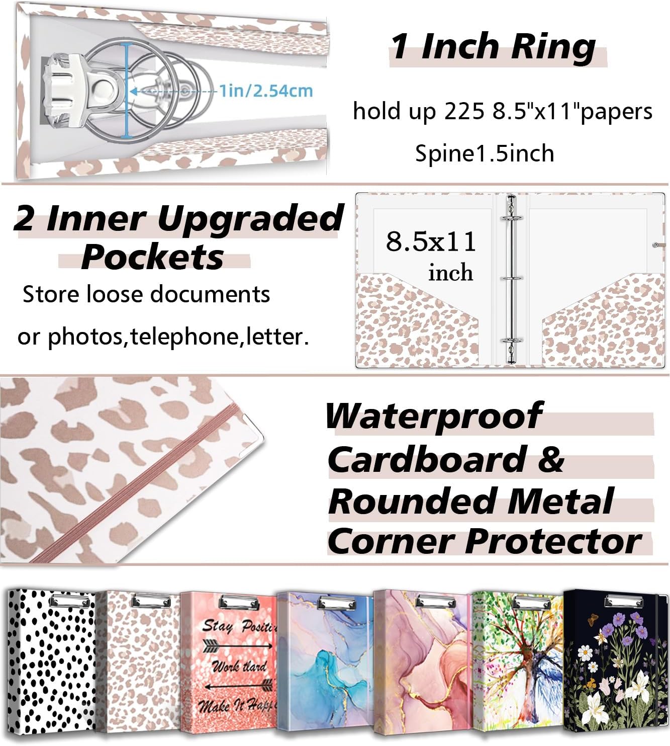 3 Ring Binder 1 Inch, Three Ring Binders Organizer with Clipboard, 5-Tabs Pockets Dividers, Plastic Folder, 18 Divider Stikers, BVSSX Pretty Binder with Pen Loop (Black Weeds, Letter Size)