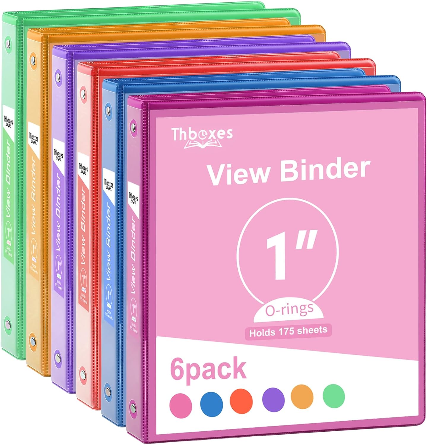 3 Ring Binder - 6 Pack, 1 Inch Binder with 2 Interior Pockets & Clear View Overlay, Large Capacity, Round Ring Binders for Office Supplies, School & Home (6 Colors)
