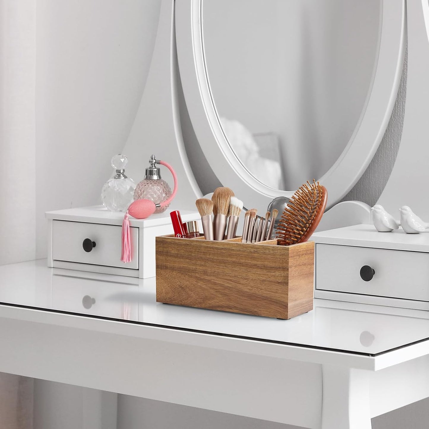 Bivvclaz Pencil Pen Holder for Desk, Wooden Office Desk Organizers and Accessories with 4 Slots for Countertop, Makeup Brush Holder Organizer for Bathroom Vanity, Silverware Caddy for Party, White