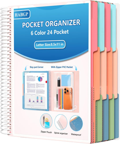 HABGP 12 Pocket Plastic folders with Pockets, 6 Colors Multi Pocket Folder Binder with Dividers, Office Organizer Folder Letter Size School Supplies