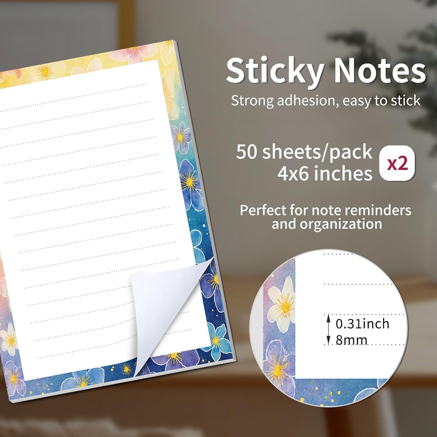 2 Pack Sticky Notes 4x6 in, Funny Large Notepads with Lines, Cute Self-Stick Memo Note Pads for Office, Home, Meeting Luxury Boho Flowers