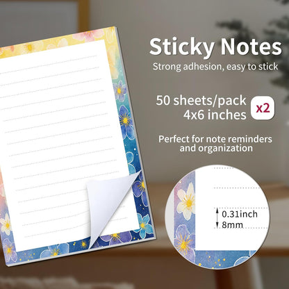 2 Pack Sticky Notes 4x6 in, Funny Large Notepads with Lines, Cute Self-Stick Memo Note Pads for Office, Home, Meeting Luxury Boho Flowers