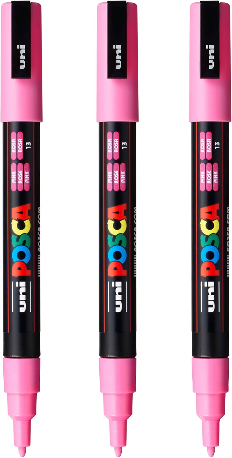 posca PC-3M Water-Based Paint Markers, Reversible Fine Tip (0.9-1.3mm), Pink, 3 Count