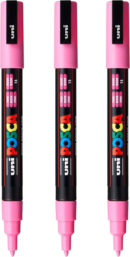 posca PC-3M Water-Based Paint Markers, Reversible Fine Tip (0.9-1.3mm), Pink, 3 Count