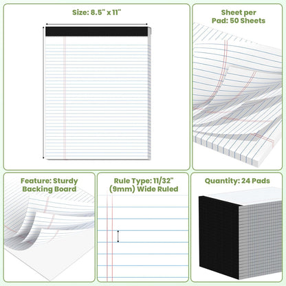 24 Pack Legal Pads 8.5" x 11", Wide Ruled Writing Notepads, 50 Sheets/Pad, Perforated Pages, 1200 Sheets Lined Paper for School Office Supplies