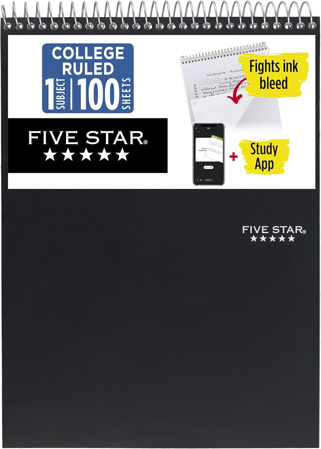 Five Star Top Spiral Notebook + Study App, 1 Subject, College Ruled Notepad, 8-1/2" x 11", 100 Sheets, Fights Ink Bleed, Water Resistant Cover, Seaglass Green (820058C-ECM)
