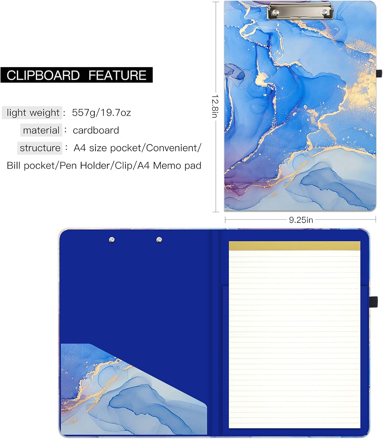 Hongri Clipboard Folio with Refillable Lined Notepad and Interior Storage Pocket for Students, Classroom, Office, Women, Man, Cute Custom Pattern, Size 12.8 x 9.2 in, Classic Flower