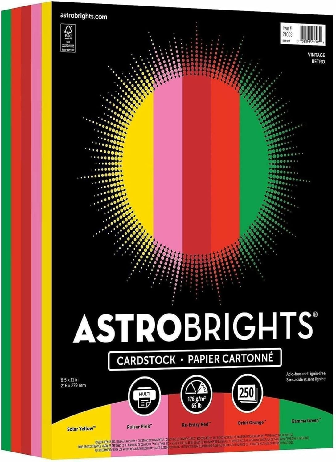 Astrobrights® Color Card Stock, Happy Assortment, Letter (8.5" x 11"), 65 Lb, Pack Of 250