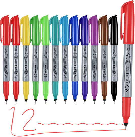 Permanent Markers, Ultra Fine Point Markers Set,12 Assorted Colors Work on Wood, Plastic, Paper, Metal, Stone, Glass for the Artist、Kids、Adult, 12 Count