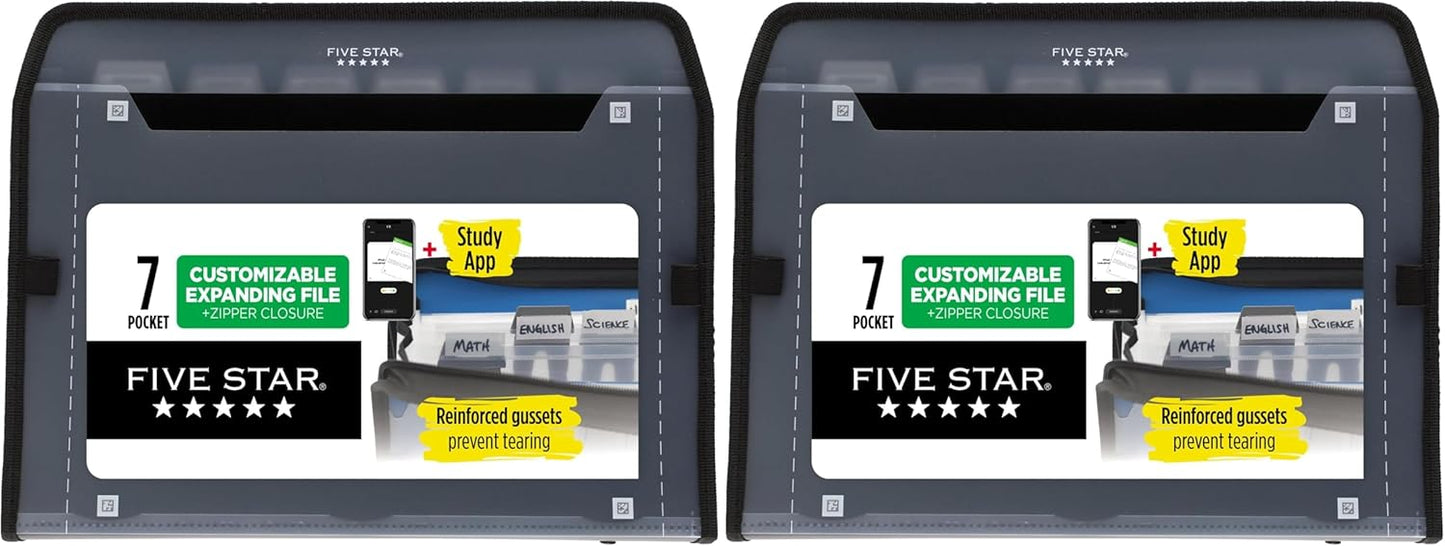 Five Star 7 Pocket Expanding File Organizer, Plastic Expandable File Folders with Customizable Tabs & Clear Cover, Holds 11" x 8-1/2", Zipper Closure, Black (72709)
