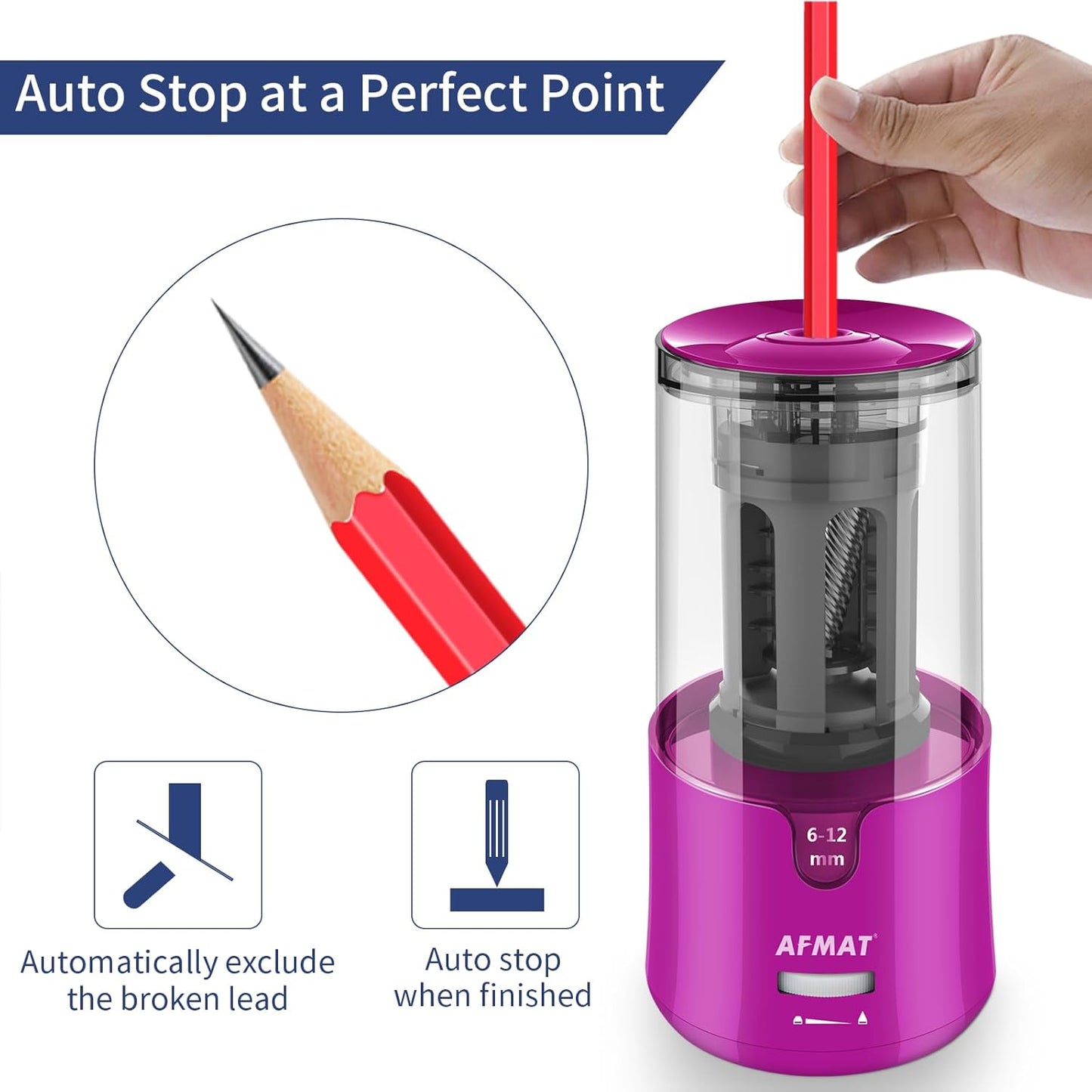 AFMAT Electric Pencil Sharpener, Auto Stop, Super Sharp & Fast, Electric Pencil Sharpener Plug in for 6-12mm No.2/Colored Pencils/Office/Home PS94