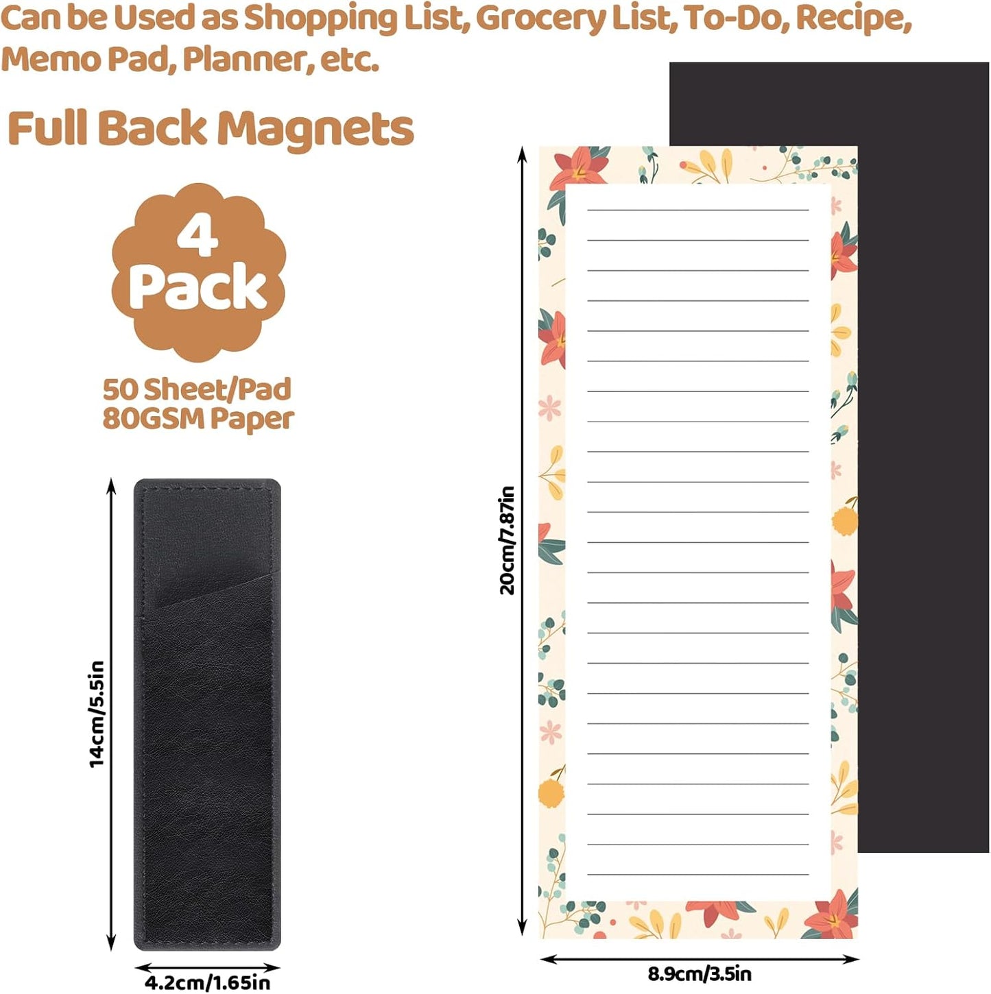 Thboxes 4 Pack Magnetic Note Pad for Fridge with Pen Holder, Totally 200 Sheets Grocery List Magnet Pad for Refrigerator Magnetic Shopping List Pad（Fruit Design）