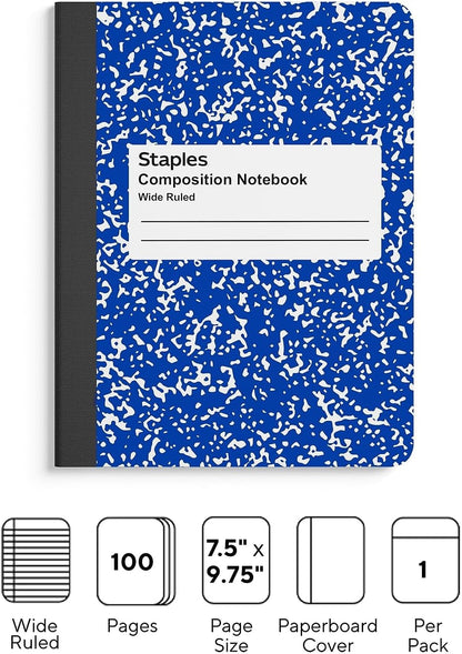 STAPLES Composition Notebook, 9.75” x 7.5”, Wide Ruled, 100 Sheets, Green Cover