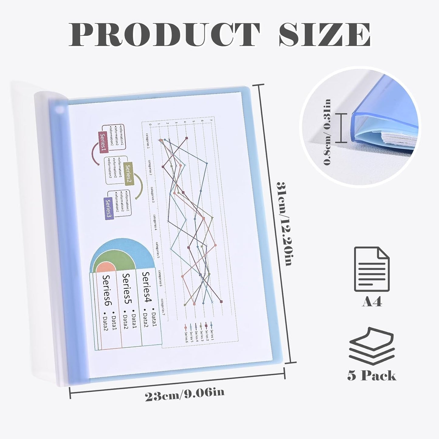 BAYTORY 5Pcs Clear Report Covers with Swing Clip, Plastic Folders for A4 and Letter Size Paper, Clear Front Presentation Binder for School Business, 40 Sheets Capacity/Pack (Blue)