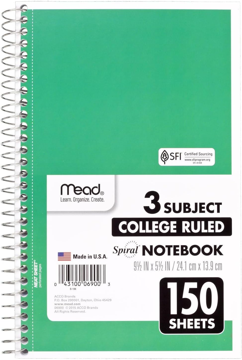 Mead Small Spiral Notebook, 3-Subject, College Ruled Paper, 9-1/2" x 5-1/2", 150 Sheets per Notebook, Color Will Vary, 1 Count (06900)
