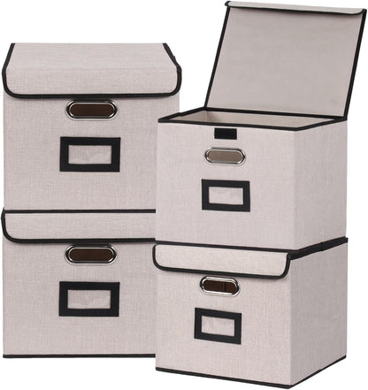 File Storage Box with Lid, 15.55x12.87x10.43 Inches, Foldable Organizer with Handles & Label Slot, for File Storage, Home, Office, and Closet Organization(Pink)