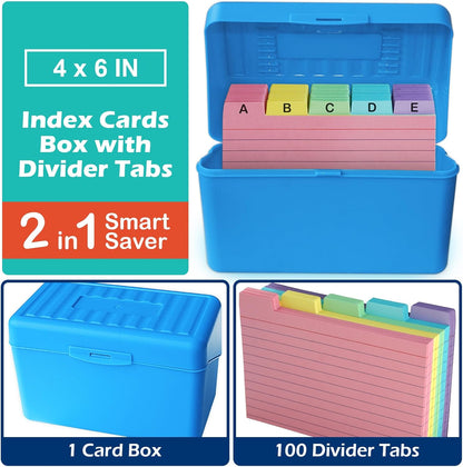 Olivo 4x6 Index Card Holder Box with 100 Cards Dividers Tabs 4"x 6", Blue
