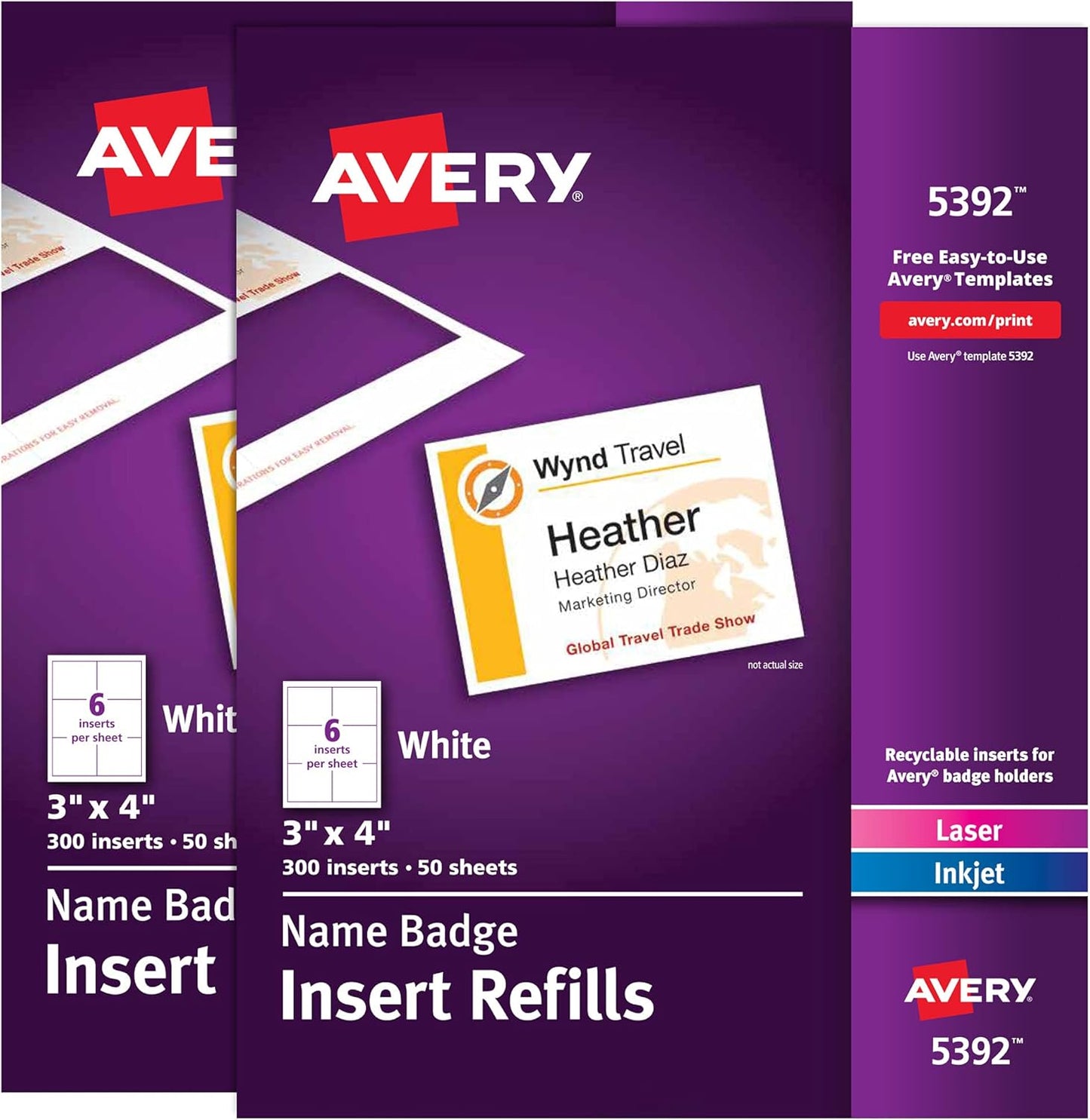 Avery Customizable Name Badge Inserts for Name Tag Holders, 3" x 4", White, Laser/Inkjet Printable, 300 Total (5392)