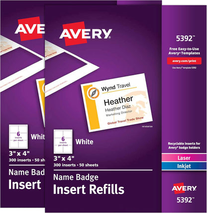 Avery Customizable Name Badge Inserts for Name Tag Holders, 3" x 4", White, Laser/Inkjet Printable, 300 Total (5392)